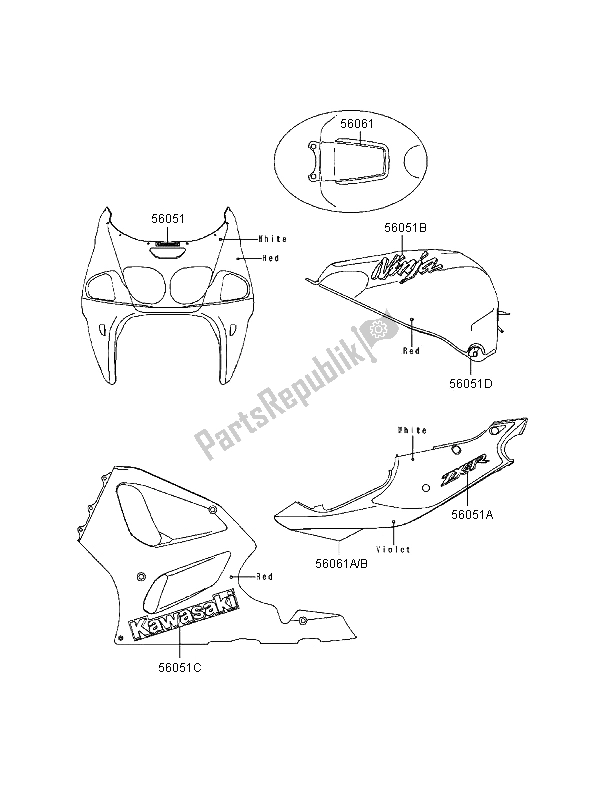 All parts for the Decals (red-violet) of the Kawasaki Ninja ZX 7R 750 1997