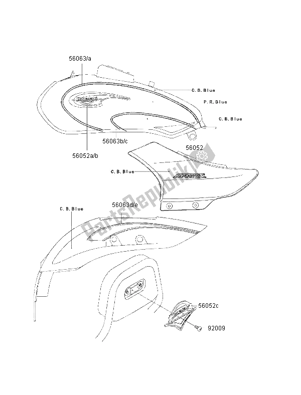 Tutte le parti per il Decalcomanie (c. B. Blue-p. R. Blue) del Kawasaki Eliminator 125 2002