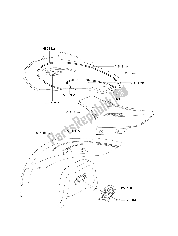 Tutte le parti per il Decalcomanie (c. B. Blue-p. R. Blue) del Kawasaki Eliminator 125 2000