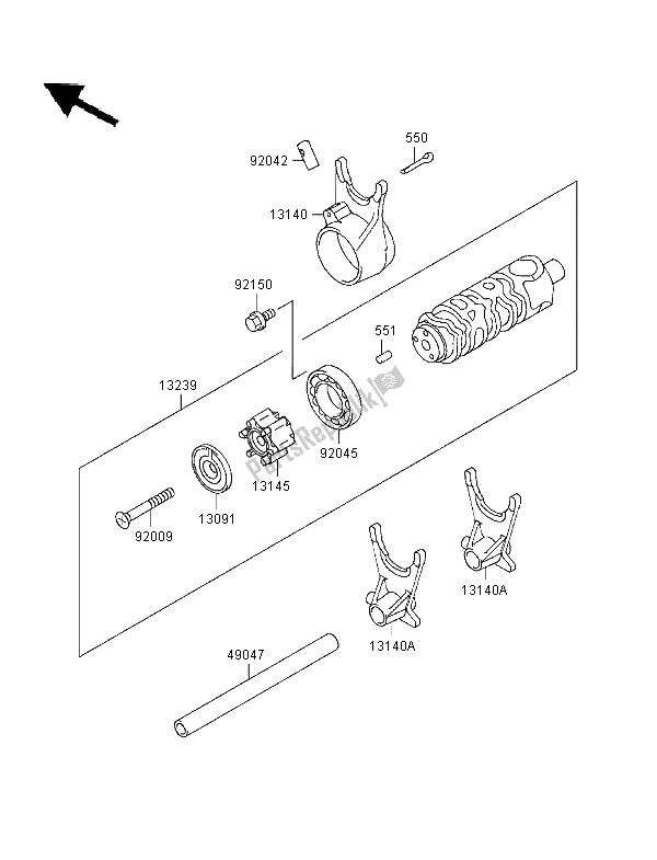 All parts for the Gear Change Drum & Shift Fork of the Kawasaki ER 5 500 1997