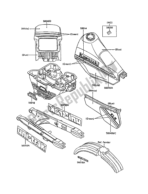 Tutte le parti per il Decalcomania (blu E Bianco) del Kawasaki KLR 250 1990