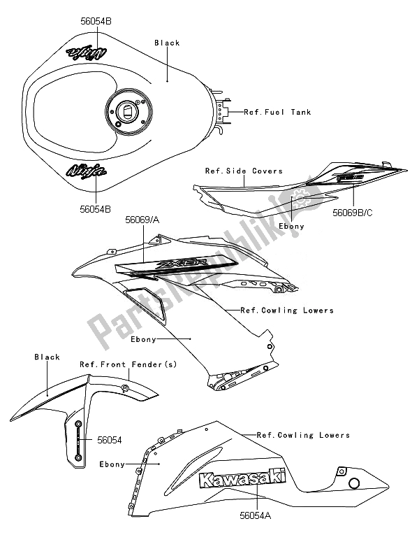 Wszystkie części do Kalkomanie (czarne) Kawasaki Ninja ZX 6R ABS 600 2014