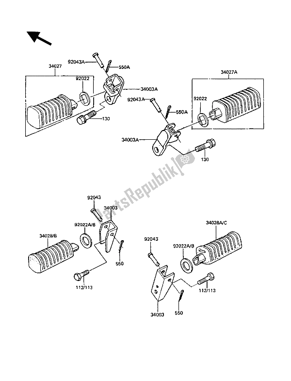 Alle onderdelen voor de Voetsteunen van de Kawasaki GT 550 1986