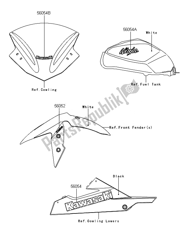 Alle onderdelen voor de Stickers (wit) van de Kawasaki Ninja 300 ABS 2014