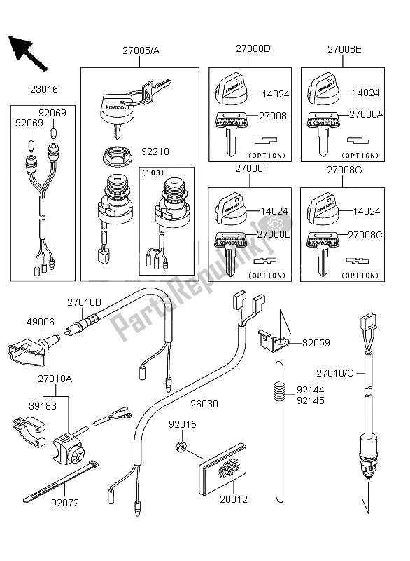 Alle onderdelen voor de Contactschakelaar van de Kawasaki KLF 300 4X4 2003