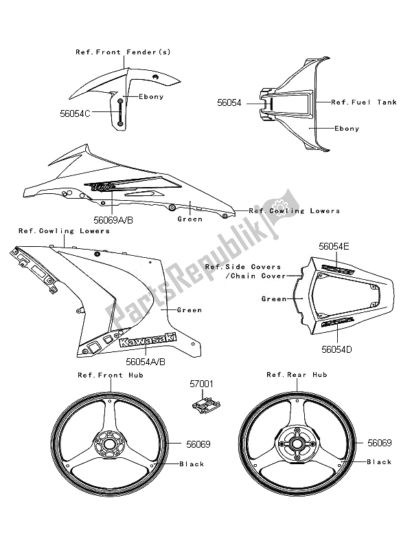 Tutte le parti per il Decalcomanie (verde) del Kawasaki Ninja ZX 10R ABS 1000 2011