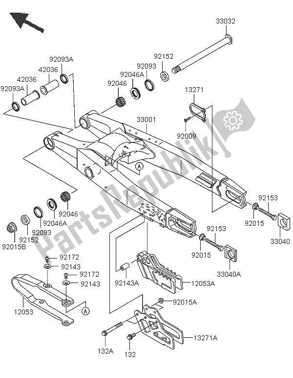 All parts for the Swingarm of the Kawasaki KX 125 2005