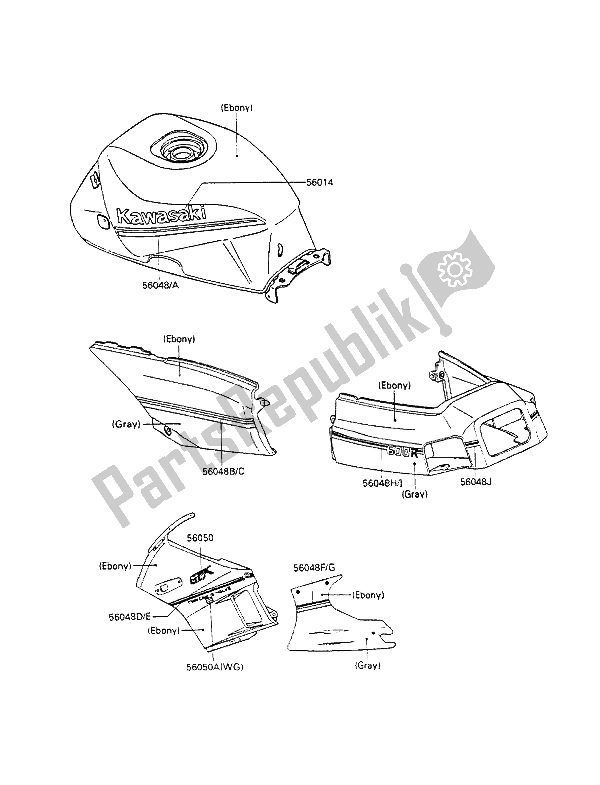 Todas las partes para Calcomanías (ébano Gris) de Kawasaki GPX 600R 1988