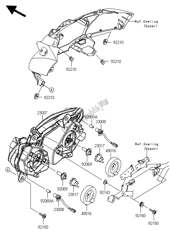 All parts for the Headlight of the Kawasaki ER 6F 650 2012