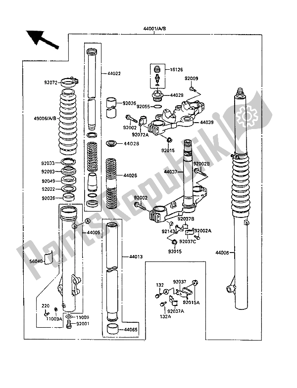 All parts for the Front Fork of the Kawasaki KLR 500 1987