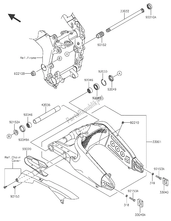 Alle onderdelen voor de Achterbrug van de Kawasaki Ninja ZX 6R 600 2016