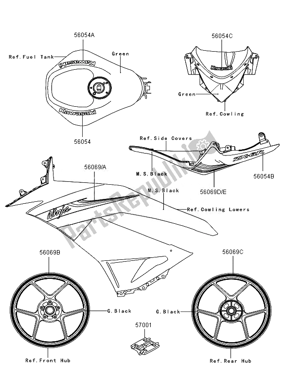 Tutte le parti per il Decalcomanie (verde) del Kawasaki Ninja ZX 6R 600 2010