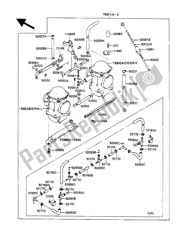 Todas as partes de Carburador do Kawasaki GPZ 500S 1987