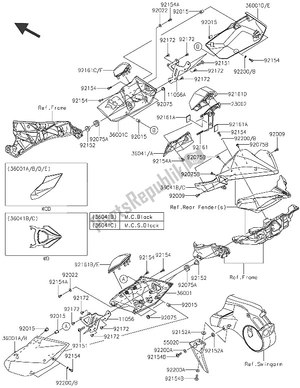 Alle onderdelen voor de Zijafdekkingen En Kettingafdekking van de Kawasaki Ninja H2 1000 2016