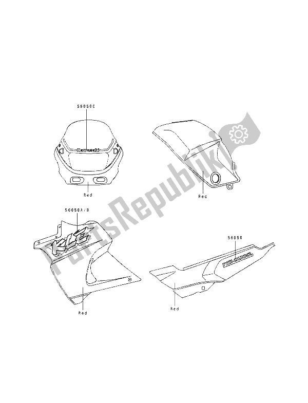 All parts for the Decals (red) of the Kawasaki KLE 500 1992