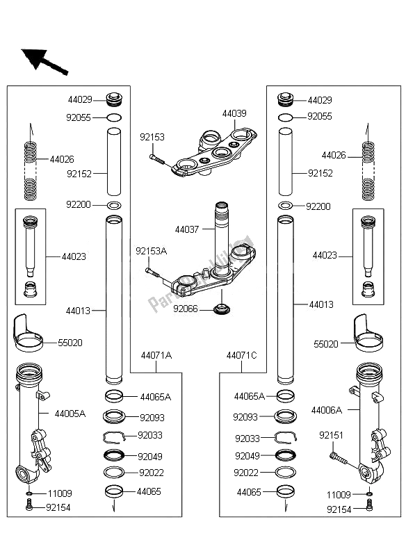 Alle onderdelen voor de Voorvork van de Kawasaki ER 6F ABS 650 2011