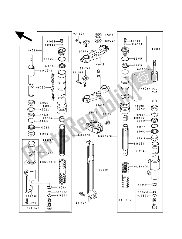 All parts for the Front Fork (lw) of the Kawasaki KX 80 SW LW 1992