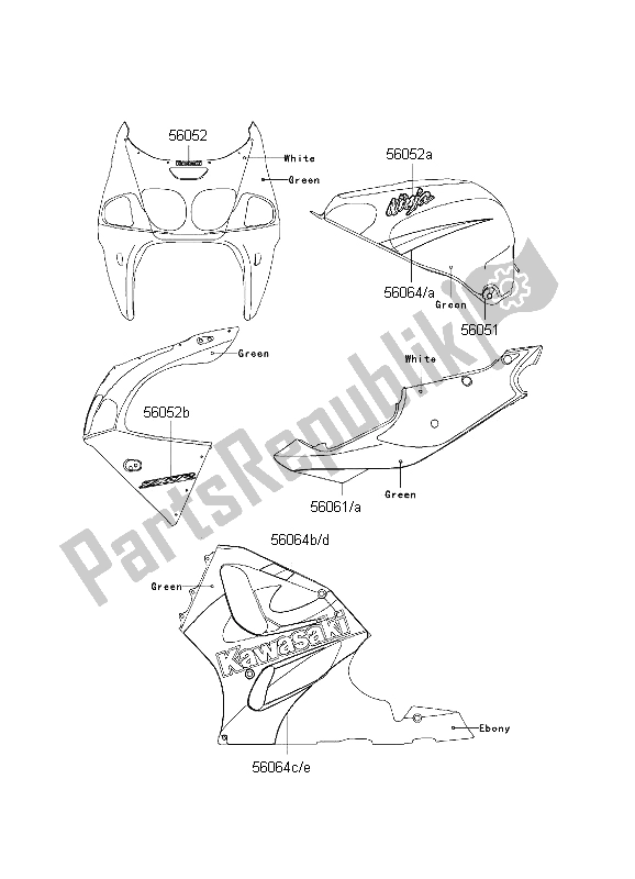 Wszystkie części do Kalkomanie (zielone) Kawasaki Ninja ZX 7R 750 2001