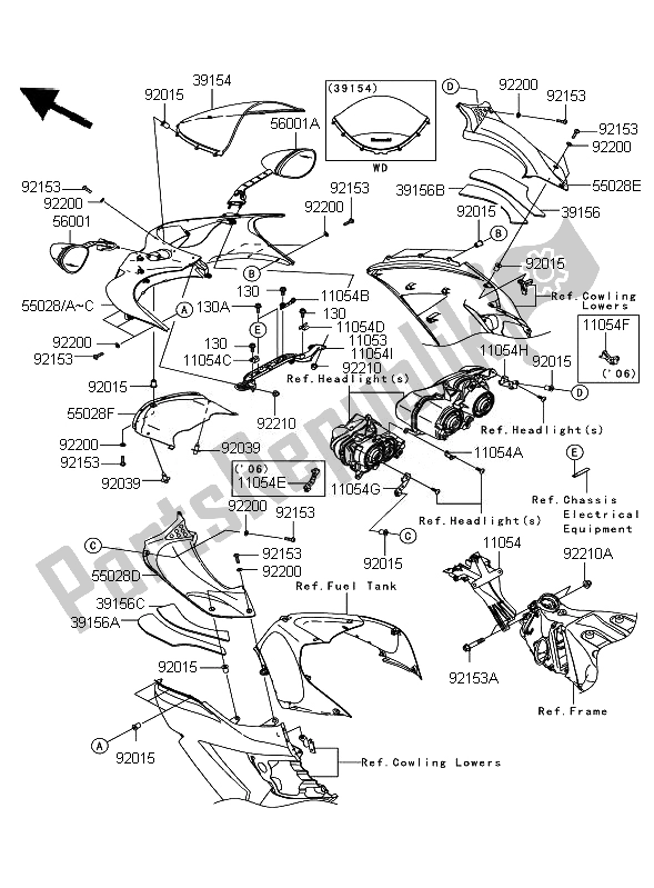 All parts for the Cowling of the Kawasaki ZZR 1400 2007