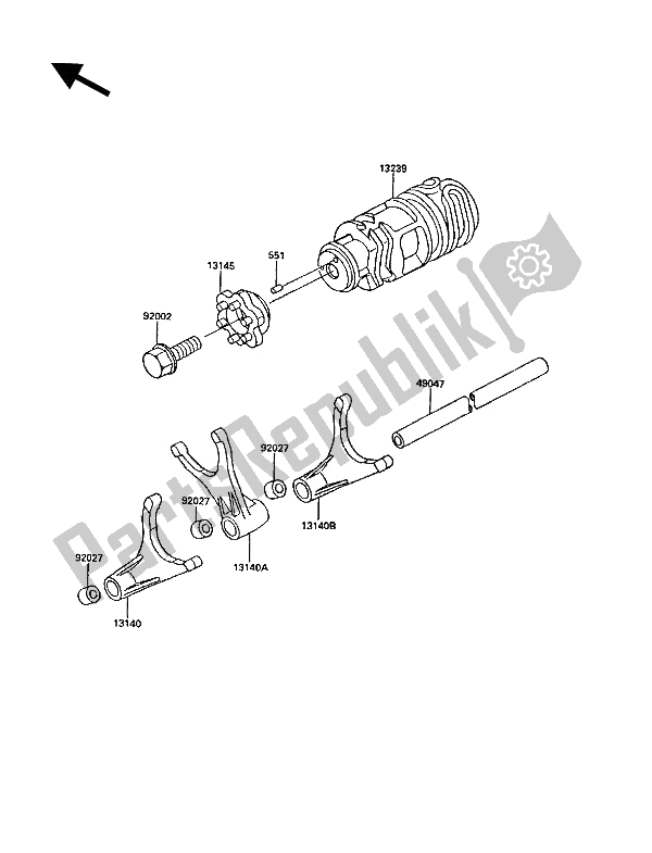 All parts for the Change Drum & Shift Fork of the Kawasaki KR 1 250 1991