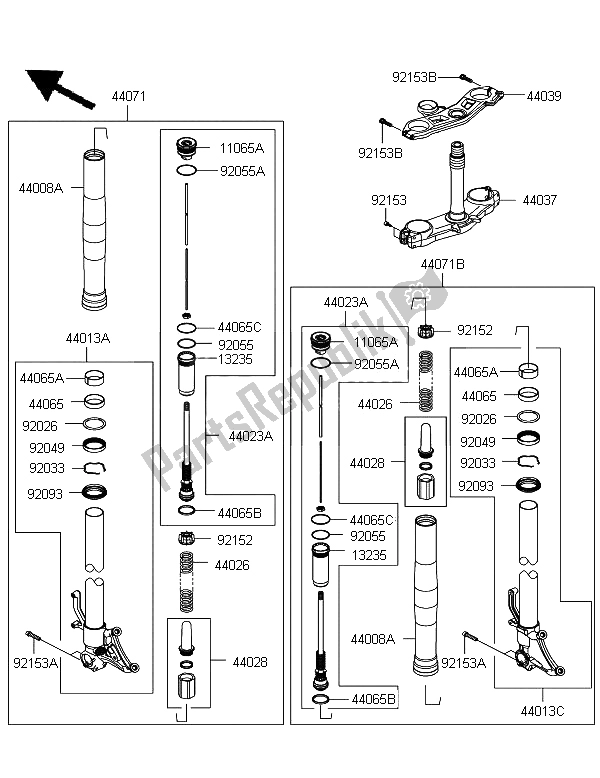 All parts for the Front Fork of the Kawasaki Ninja ZX 10R 1000 2012