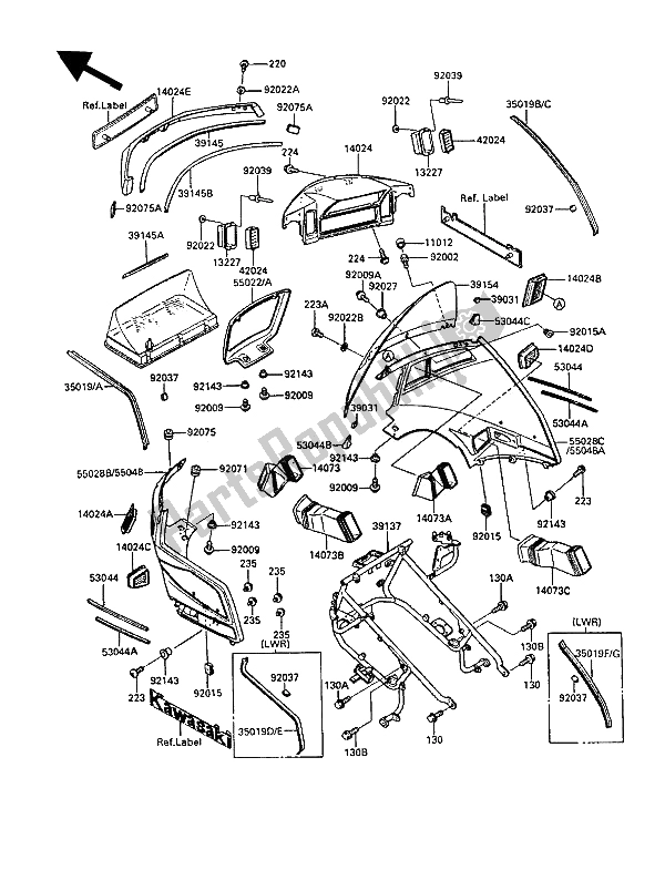 All parts for the Cowling of the Kawasaki ZG 1200 B1 1990