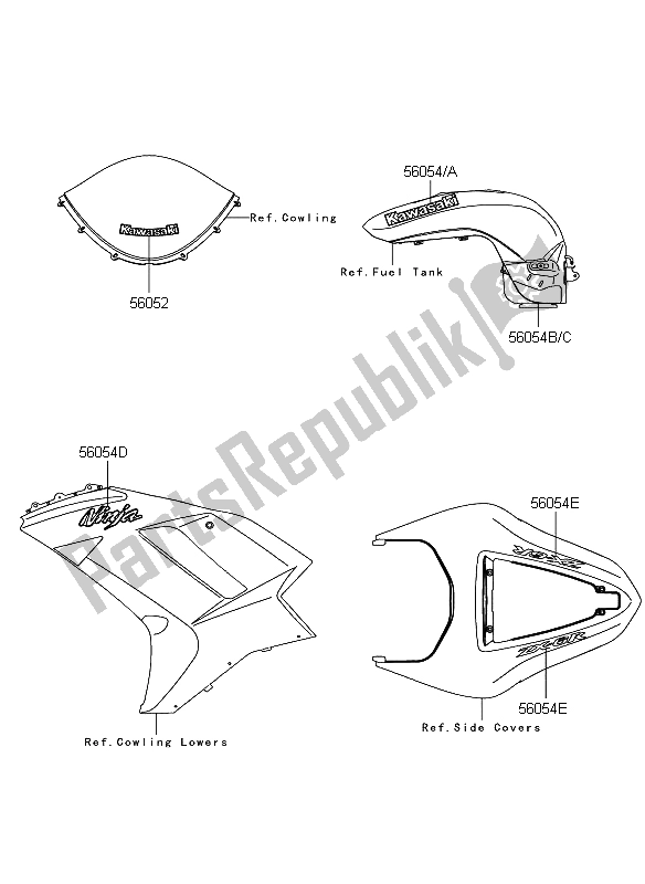 All parts for the Decals (blue) of the Kawasaki Ninja ZX 6R 600 2008