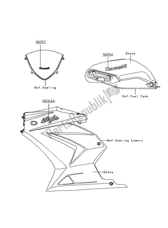 Tutte le parti per il Decalcomanie (ebano) del Kawasaki Ninja 250R 2010