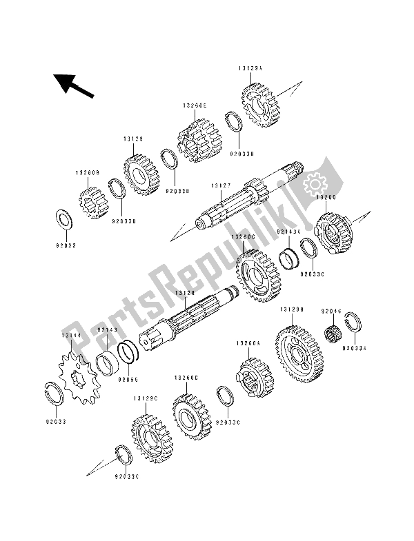 All parts for the Transmission of the Kawasaki KDX 200 1989