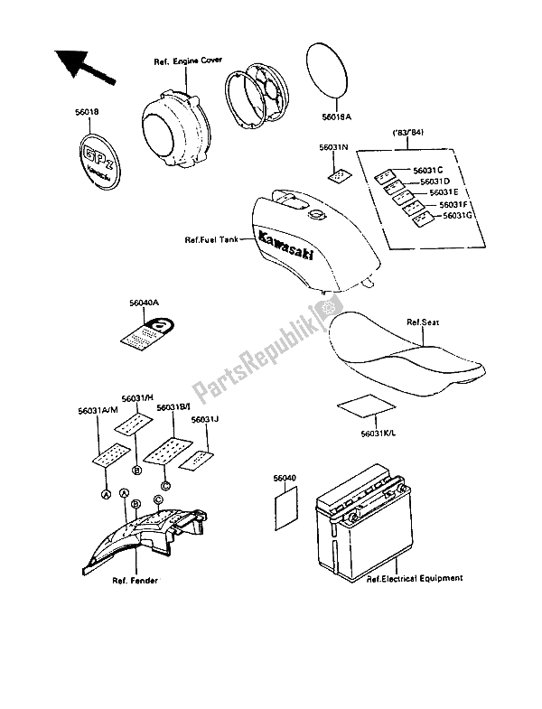 Todas as partes de Rótulos do Kawasaki GPZ 550 1988