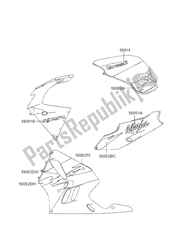 All parts for the Decals (red-silver) of the Kawasaki Ninja ZX 9R 900 1997