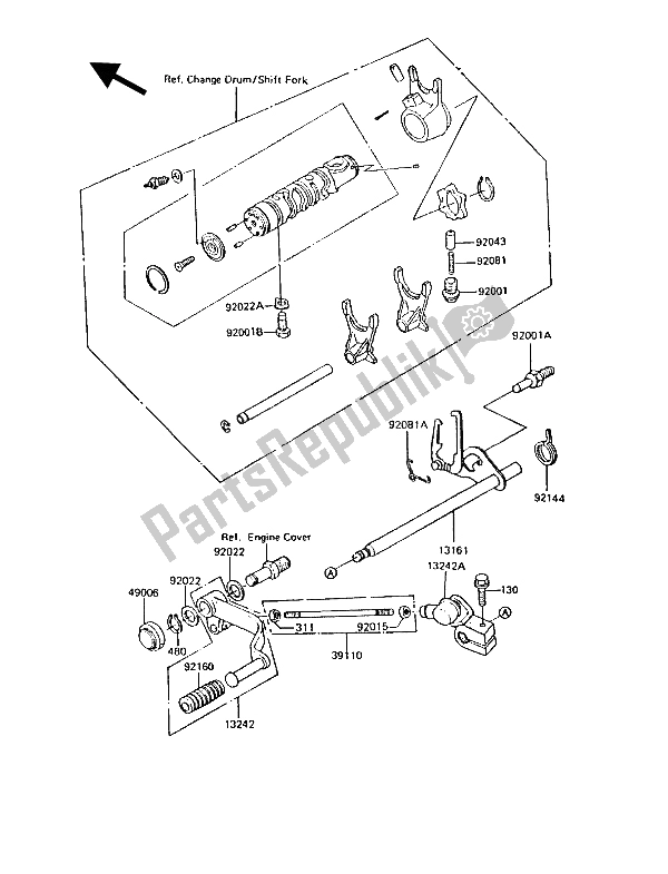 All parts for the Gear Change Mechanism of the Kawasaki GT 550 1986