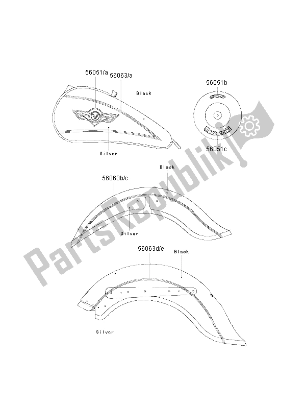 Todas as partes de Decalques (preto-prata) do Kawasaki VN 800 Classic 2000