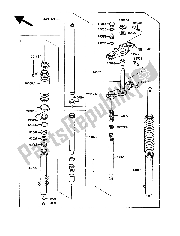All parts for the Front Fork of the Kawasaki KMX 125 1986