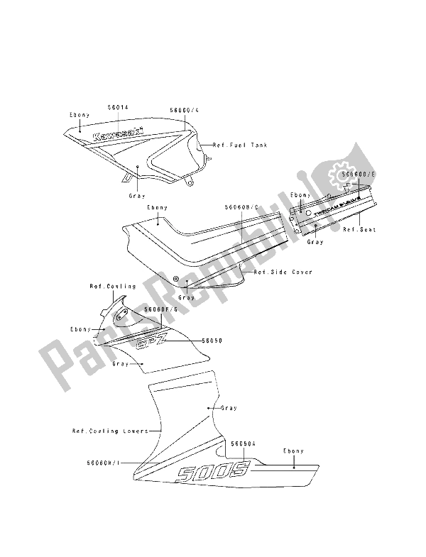 All parts for the Decal (2) of the Kawasaki GPZ 500S 1993