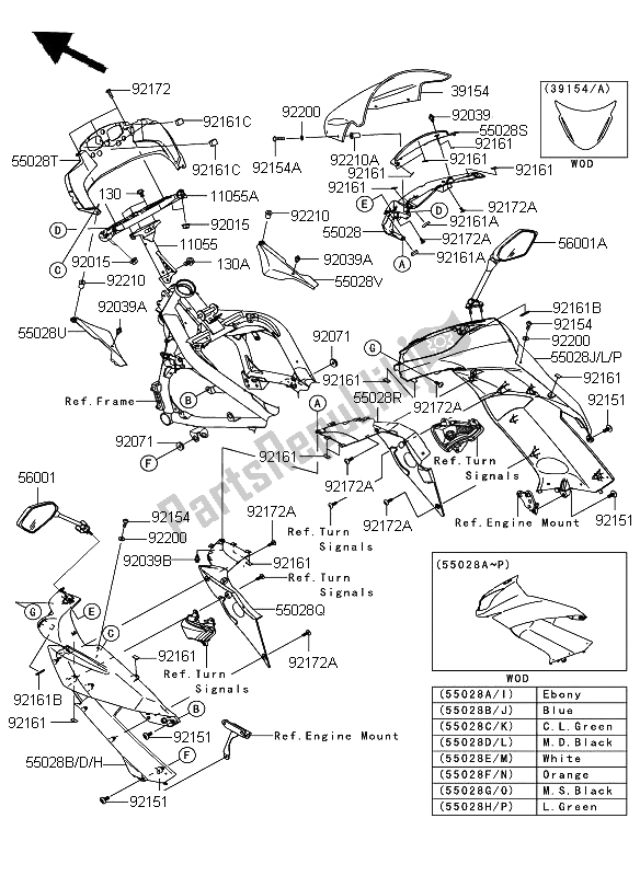 Alle onderdelen voor de Motorkap (bovenste) van de Kawasaki ER 6F ABS 650 2009