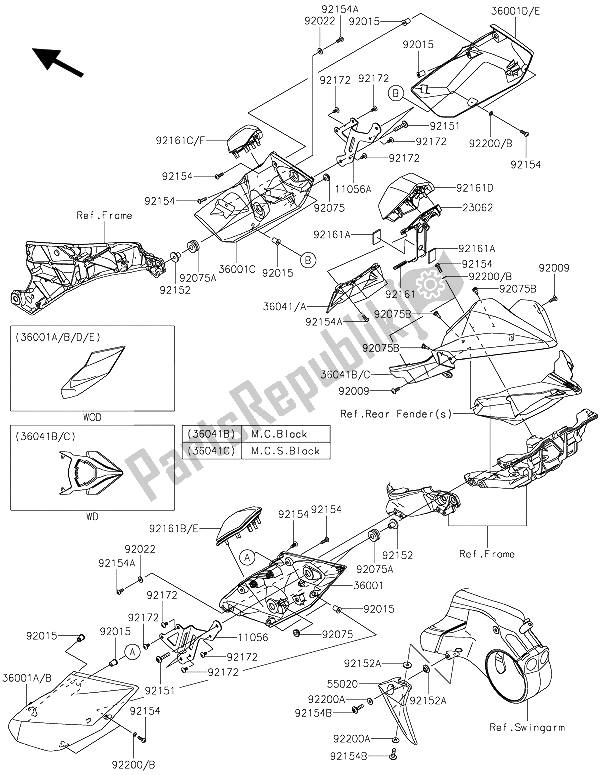 Alle onderdelen voor de Zijafdekkingen En Kettingafdekking van de Kawasaki Ninja H2R 1000 2015
