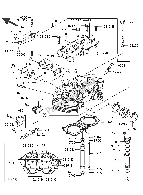 Alle onderdelen voor de Cilinderkop van de Kawasaki W 650 2005