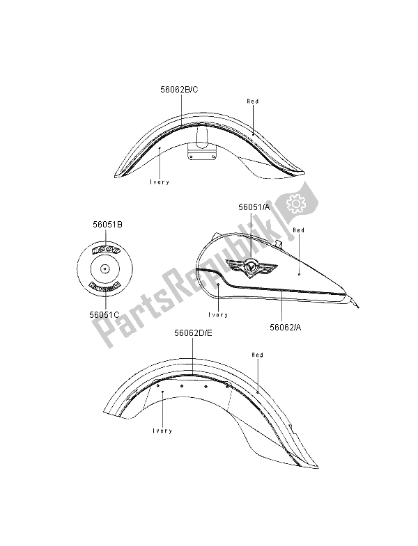All parts for the Decals (red-ivoly) of the Kawasaki VN 1500 Classic 1998