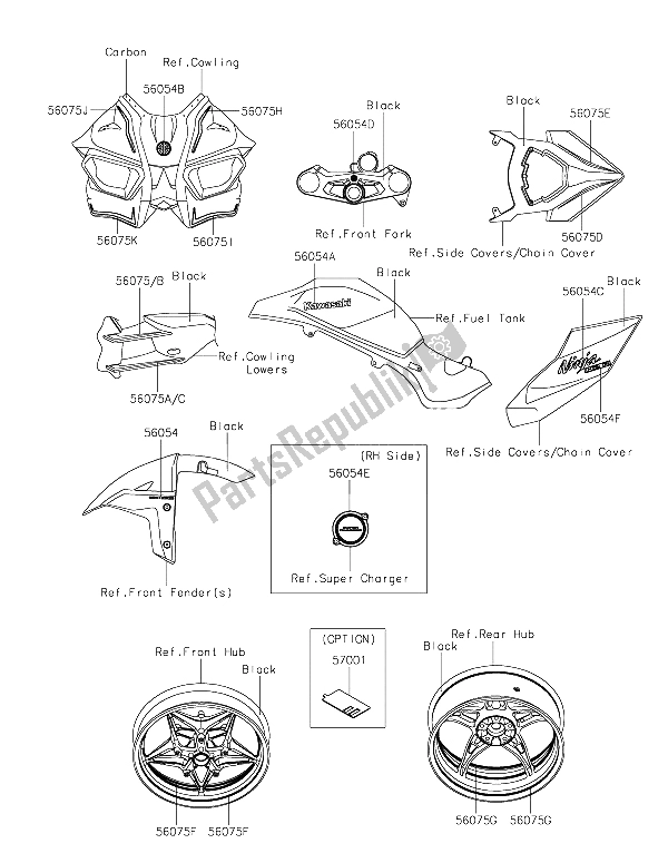 Alle onderdelen voor de Stickers van de Kawasaki Ninja H2R 1000 2015