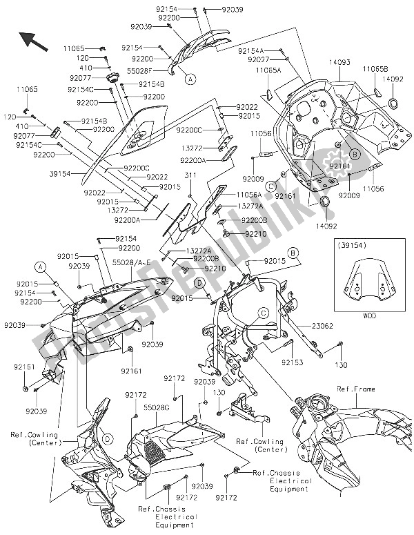 All parts for the Cowlin (upper) of the Kawasaki Versys 1000 2016