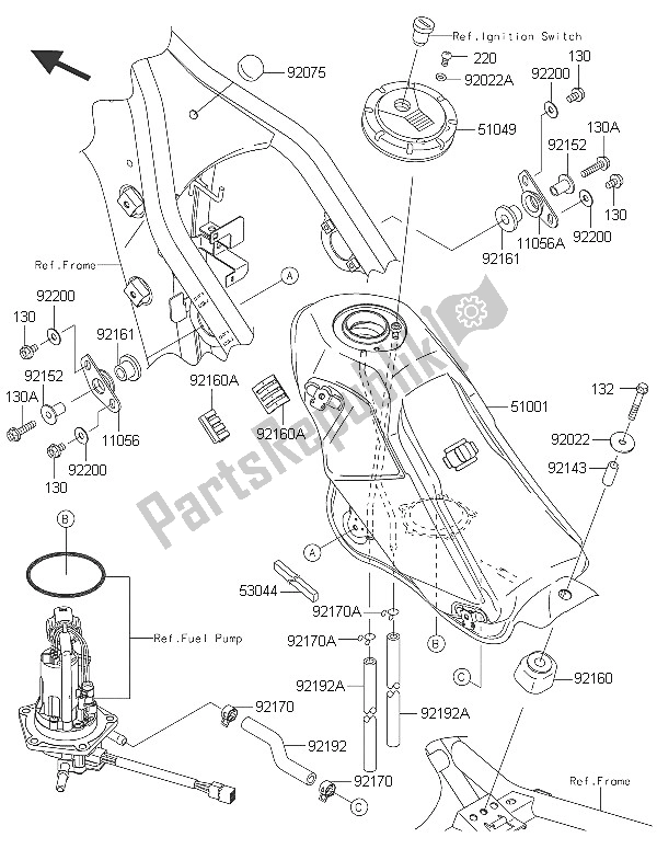 All parts for the Fuel Tank of the Kawasaki KLX 250 2016