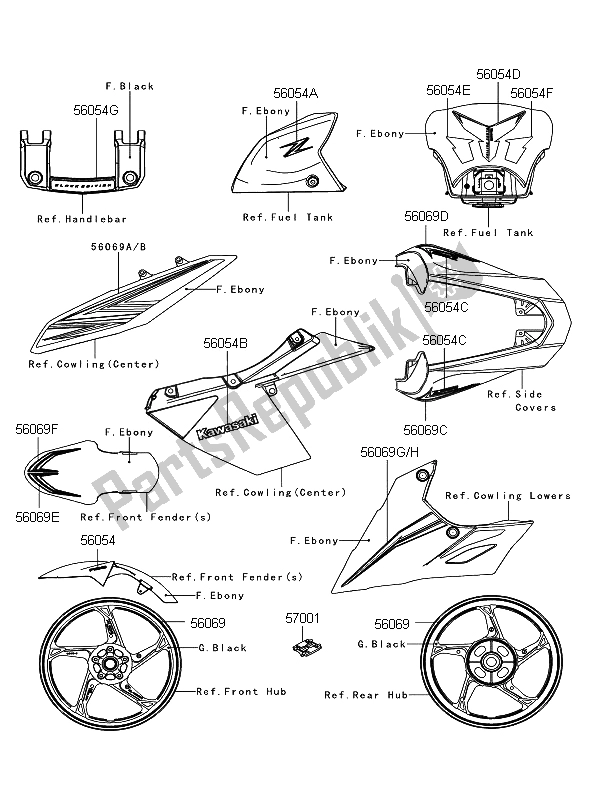 All parts for the Decals (f. Ebony) of the Kawasaki Z 1000 ABS 2012