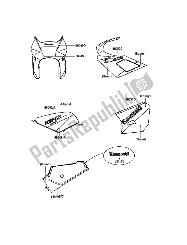 Tutte le parti per il Decalcomanie (ebano E Verde) del Kawasaki KR 1 250 1990