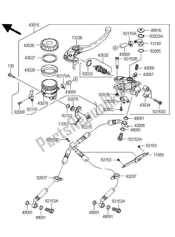All parts for the Front Master Cylinder of the Kawasaki Ninja ZX 10R 1000 2008