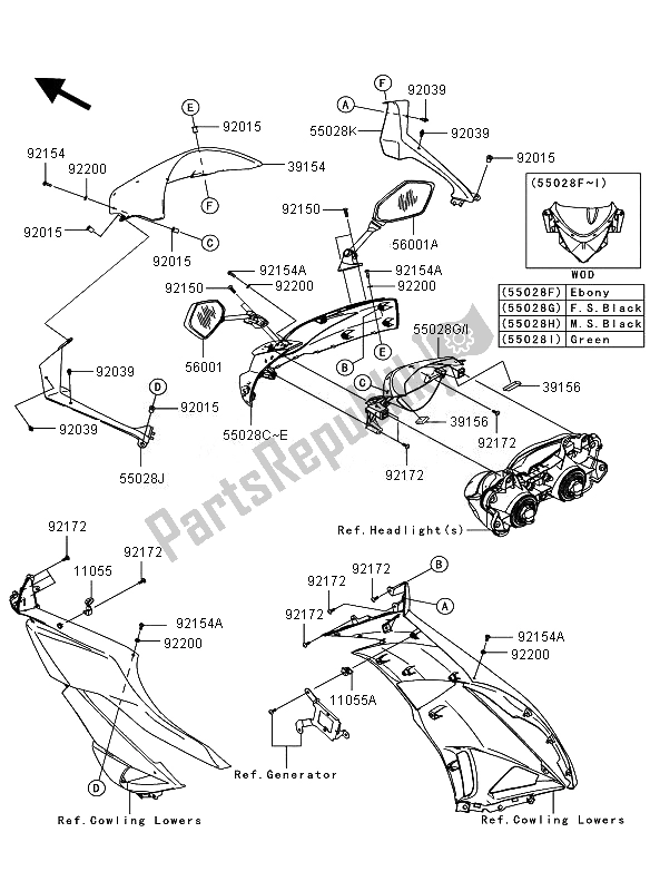 Tutte le parti per il Cuffia del Kawasaki Ninja ZX 6R 600 2010