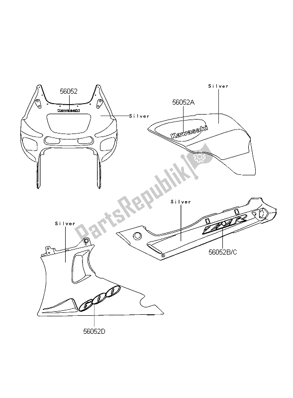 Alle onderdelen voor de Stickers (zilver) van de Kawasaki ZZR 600 2004