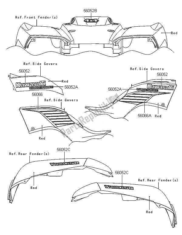 Todas as partes de Decalques (vermelho) (as) do Kawasaki KVF 650 4X4 2005