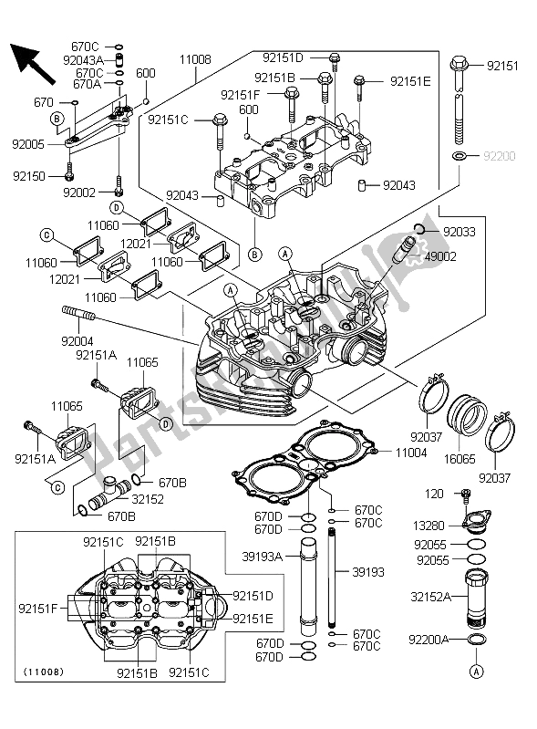 Alle onderdelen voor de Cilinderkop van de Kawasaki W 650 2006