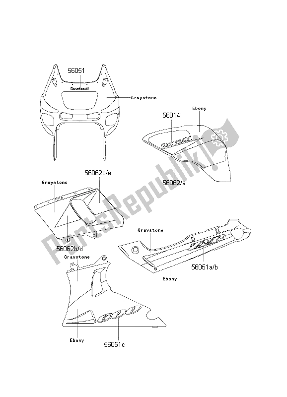 All parts for the Decals (ebony-graystone) of the Kawasaki ZZ R 600 1999